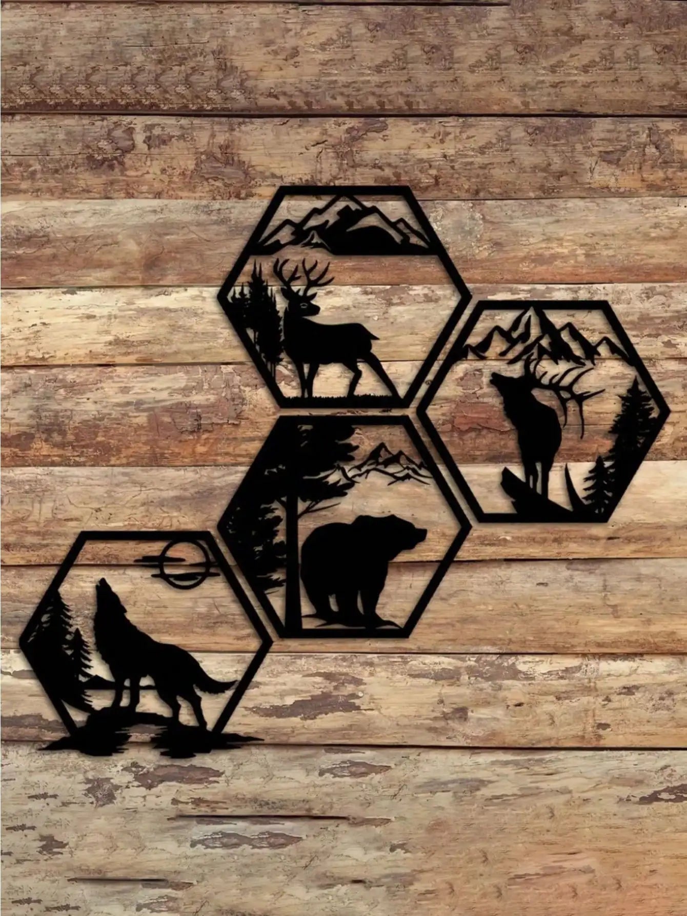 4PC Hexagon Animal (Deer/Wolf/Bear) Metal Wall Sculpture | Rustic Black Decor | Halloween & Christmas Gift - Buy online at  Vibe In Cart.