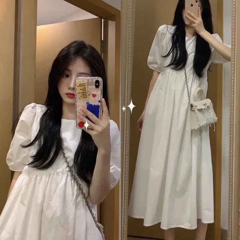 Women's Slim Fit White Midi Cotton Blend Dress, XXL