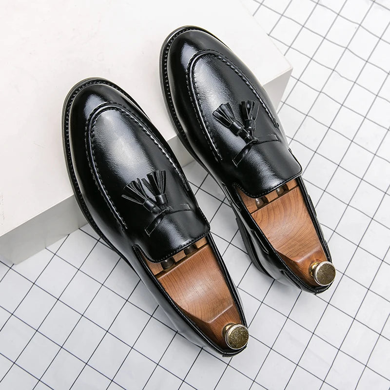 Men's Formal Leather Brogues Shoes with Tassels, Slip-On