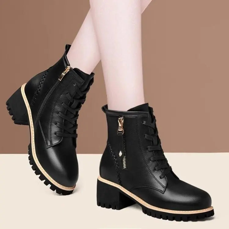 Women's Chunky Sole Ankle Boots     Lace-Up & Side-Zip Combat Boots Winter Fleece-Lined Booties Versatile Leather Boots Platfo - Buy online at  Vibe In Cart.