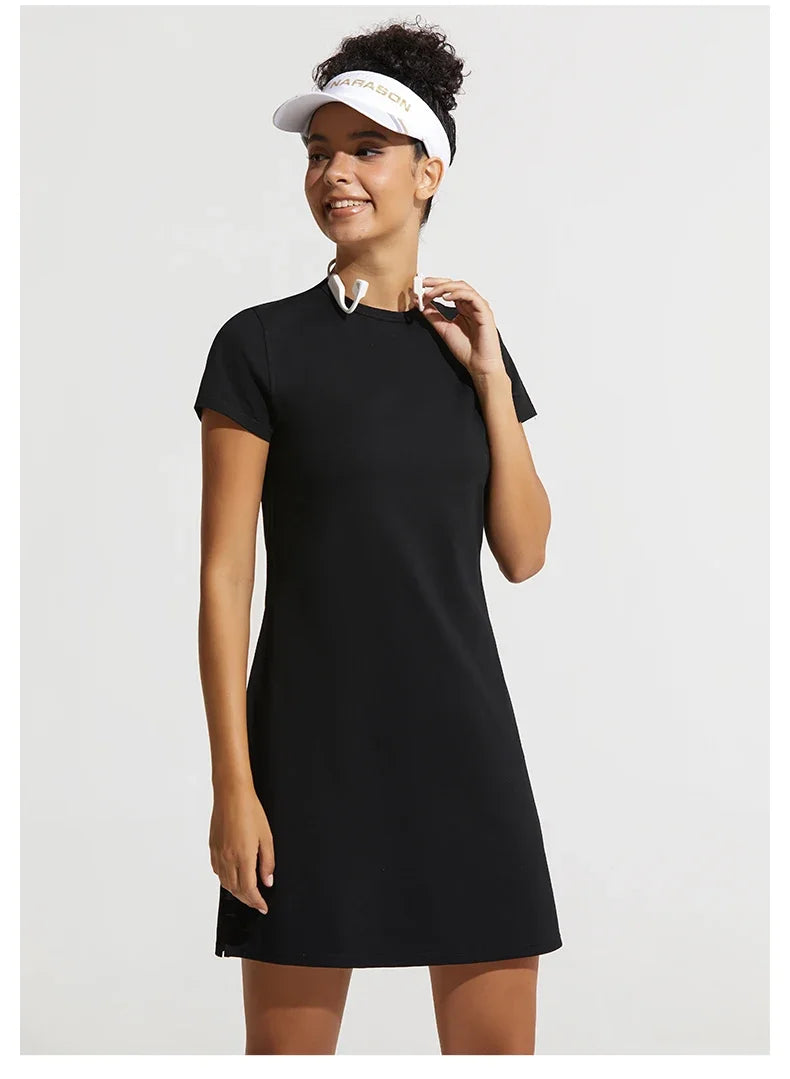 Summer Women Tennis Dress Cotton Female Short Sleeve Black Sport Dress Training Running Fitness Skirt Golf Badminton Dress Suit
