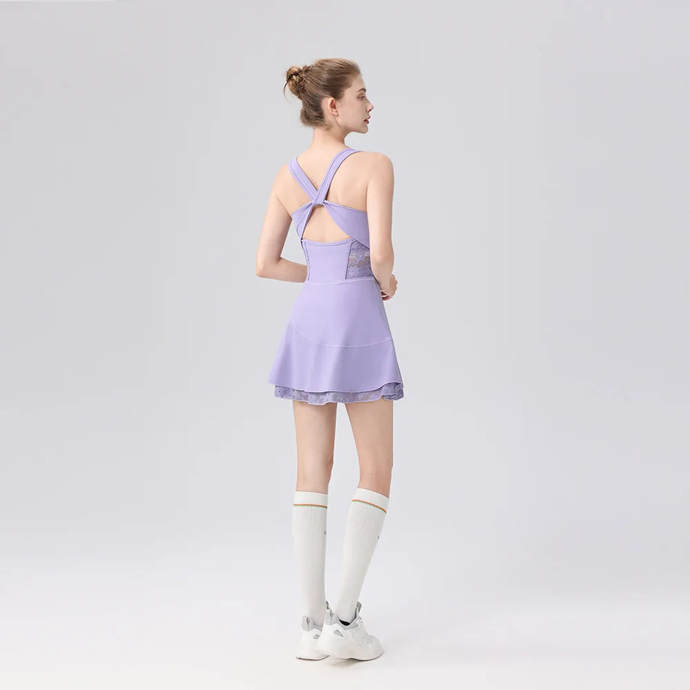 2026 New tennis dress ballet dress sexy back cross lace badminton anti-light lacework Separate shorts yoga golf sports dress
