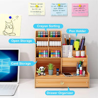 Wooden Pen Holder Desk Organizer With Storage Drawer