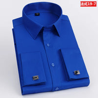 Men's Slim Fit Long Sleeved Solid Color Cotton Polyester Shirt with French Cufflinks