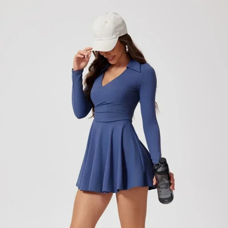 Tennis Dress One-Piece Jumpsuits Sports Fitness Golf Badminton Long-Sleeved Skorts Slim Tracksuits with Chest Pads Yoga Suits