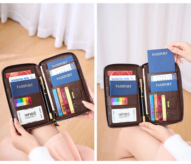 Multifunctional Travel Passport Wallet with RFID Protection in Microfiber Leather
