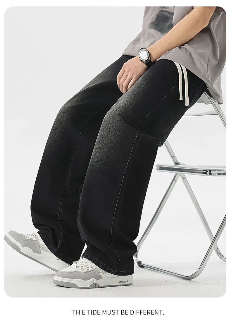 Men's Loose Wide-Leg Straight Casual Baggy Jeans in Black, Grey, and Blue