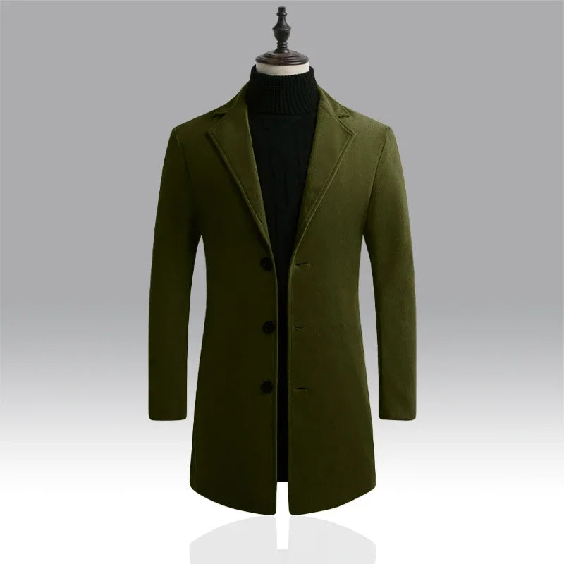 Men's Slim Long Wool Blend Cotton Single Breasted Coat for Autumn and Winter