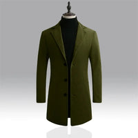 Men's Slim Long Wool Blend Cotton Single Breasted Coat for Autumn and Winter