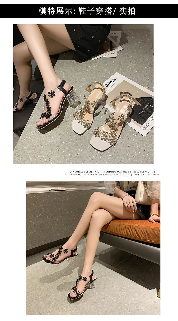 Women;s Sandals Pvc Crystal Flower Shoes for Women Decoration Chunky Heel Sandals Ladies Back Strap Fashion Shoes Female2024 - Buy online at  Vibe In Cart.