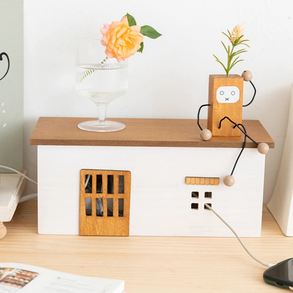Wooden Rectangle Storage Box for Desktop Cord Organization