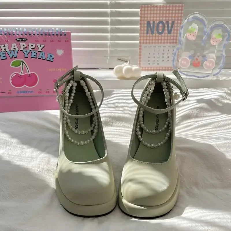 French Style Women's High Heels Spring Versatile Barbie Shoes Waterproof Platform Fairy Style round Toe Mid Heel Single Shoes - Buy online at  Vibe In Cart.