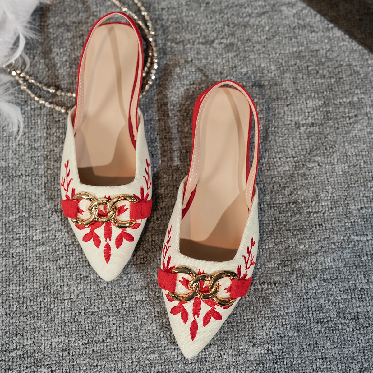 Retro Embroidered Metal Chain Decorated Pointed-Toe Mules, Backless Flat Sandals, Women's Summer Work Clothing Versatile Flats - Buy online at  Vibe In Cart.