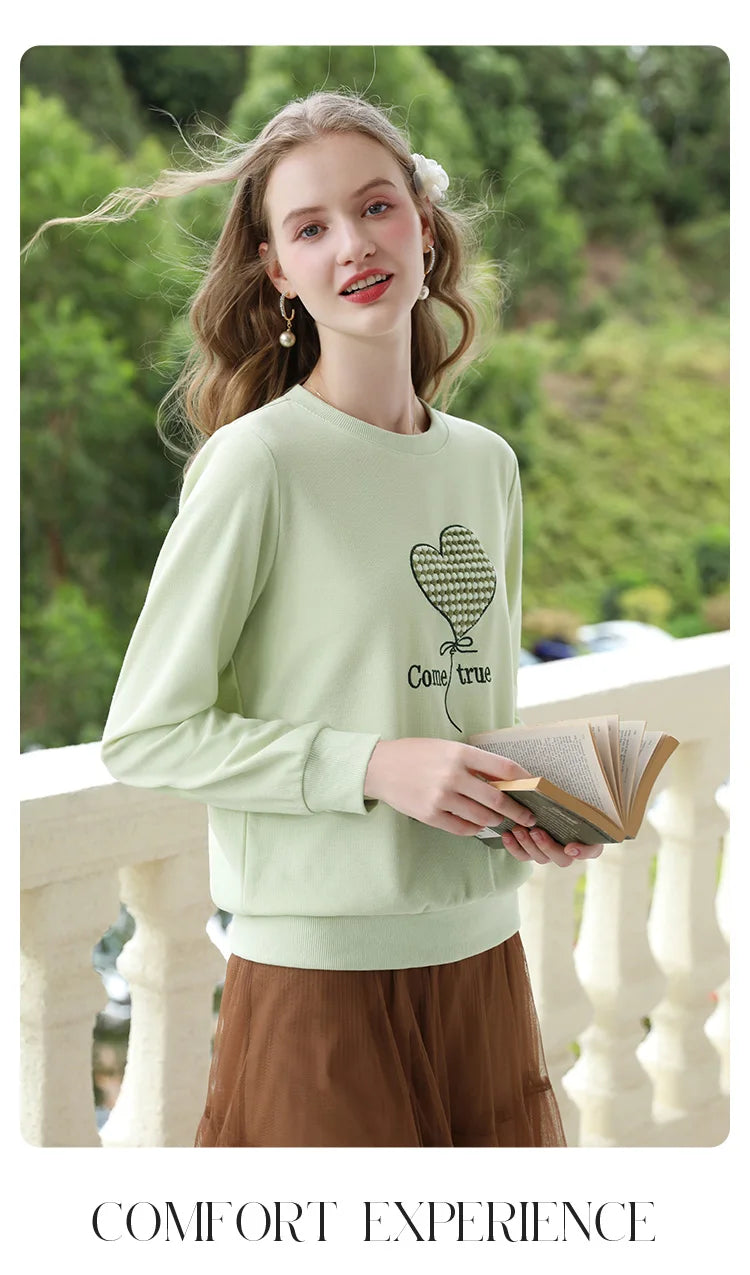 Women's Green Waffle Knitted Loose O-Neck Pullover Hoodie with Embroidery