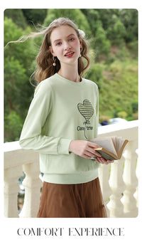 Women's Green Waffle Knitted Loose O-Neck Pullover Hoodie with Embroidery