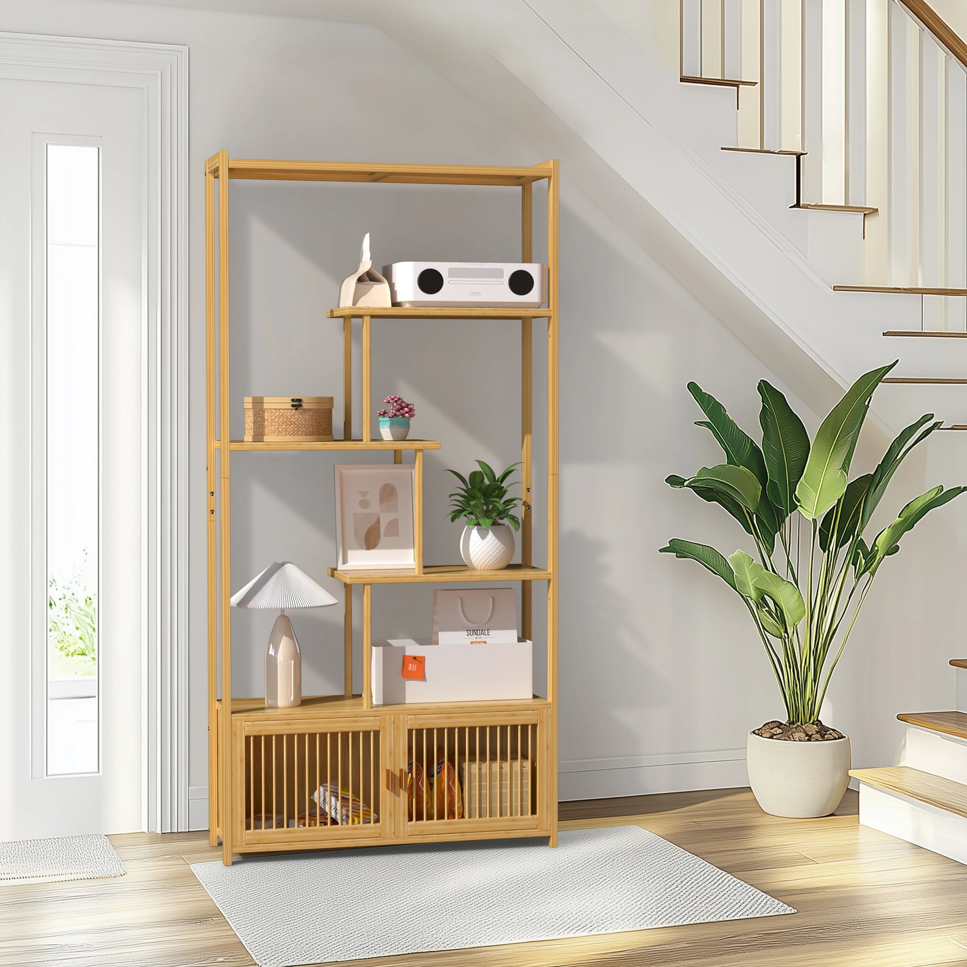 6 Tier Bamboo Bookshelf Bamboo Storage Rack with Cabinet Living Room Display Rack Storage Organizer for Home Office - Buy online at  Vibe In Cart.