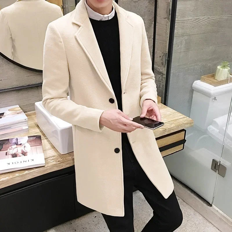 Men's Long Slim Cotton Wool Blend Coat for Autumn Winter
