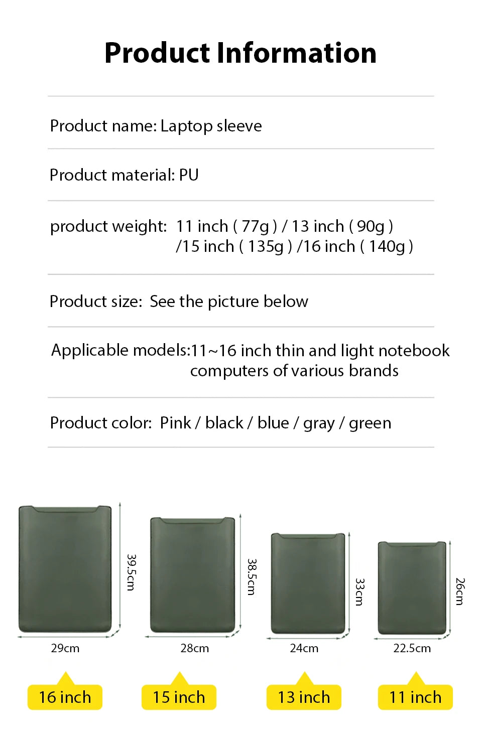 Waterproof Laptop Sleeve Case for 11 to 16 Inch Devices