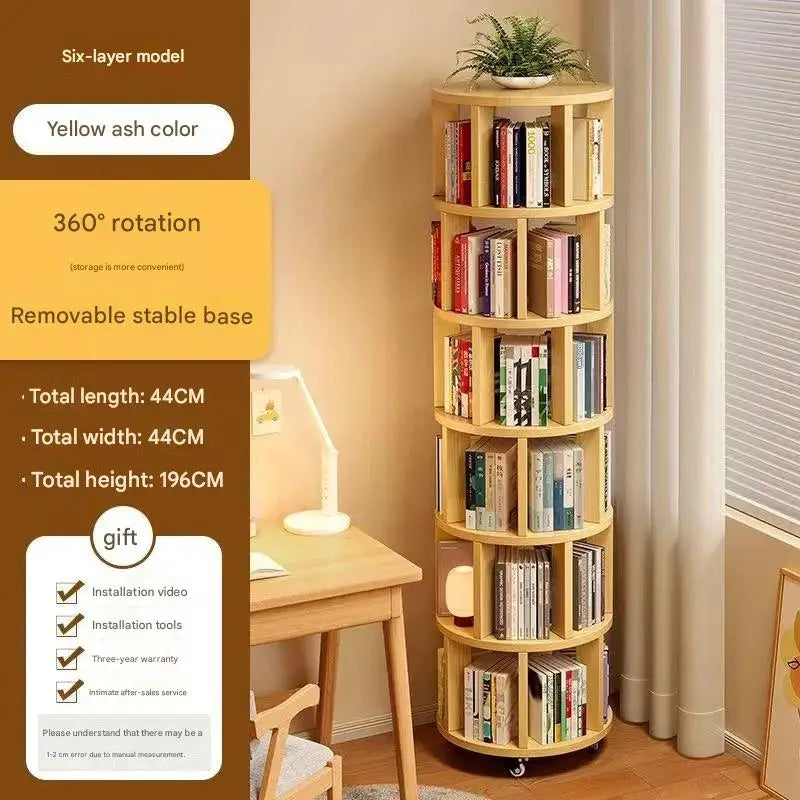 360 Degree Rotatable 5-Tier Round Wooden Bookshelf