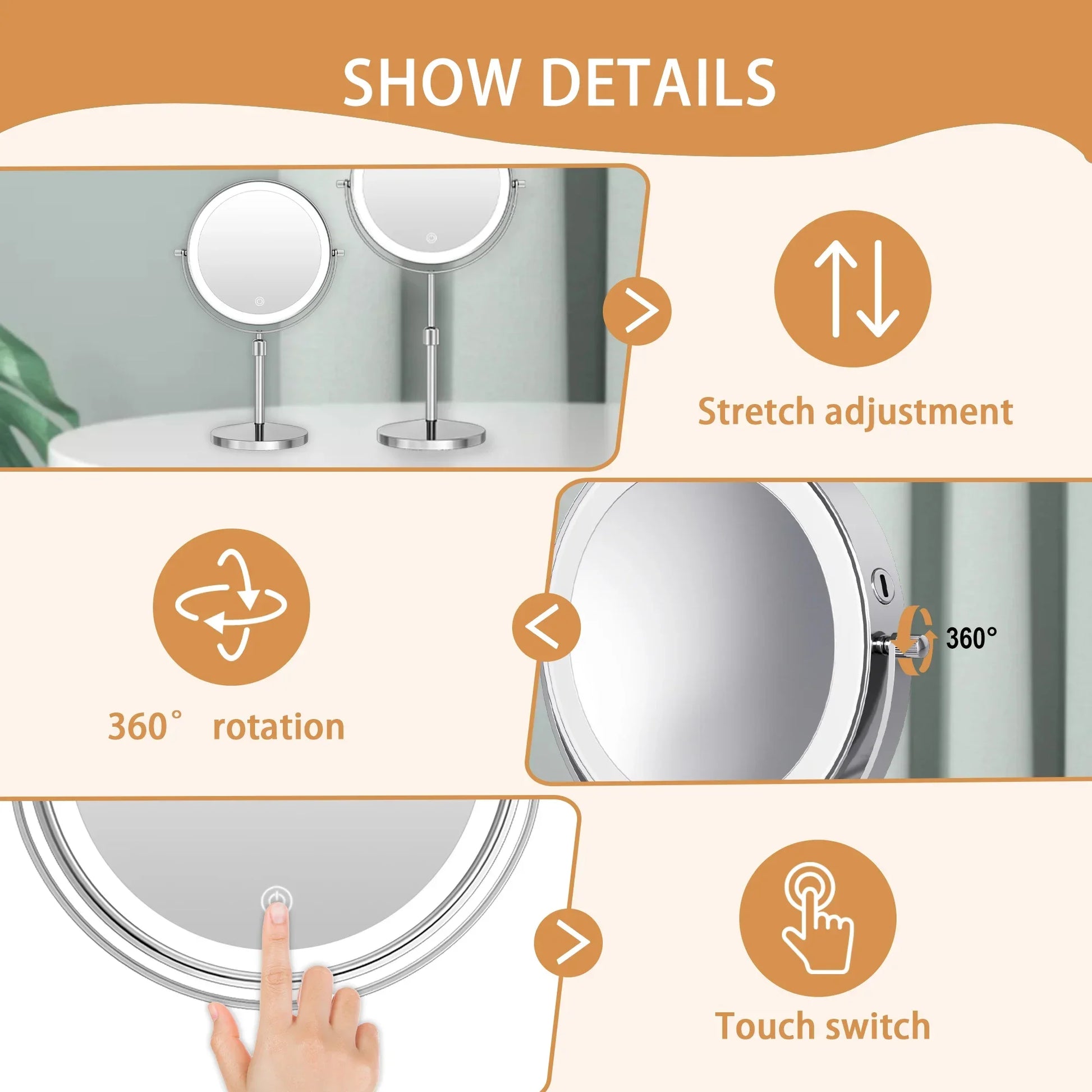 7" Makeup Mirror with Light USB Rechargeable Height Adjustable 1X/10X Magnifying 3 Color lighting 360° Rotation Vanity Mirror - Buy online at  Vibe In Cart.