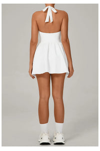 Hanging Neck Tennis Dress Women Solid Color Sleeveless Sports One Piece Pocket Suits Outdoor Running Fitness Yoga Golf Dresses