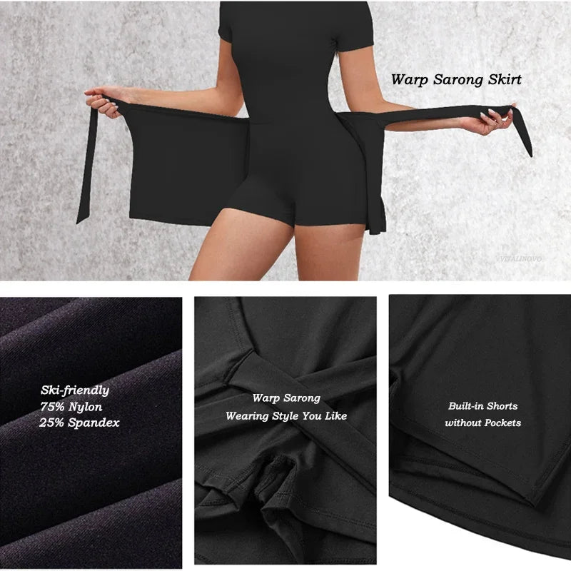 VITALINOVO Tennis Dress for Women Short Sleeve Crewneck Wrap Sarong Skirt Built in Shorts U Back Workout Golf Athletic Dresses