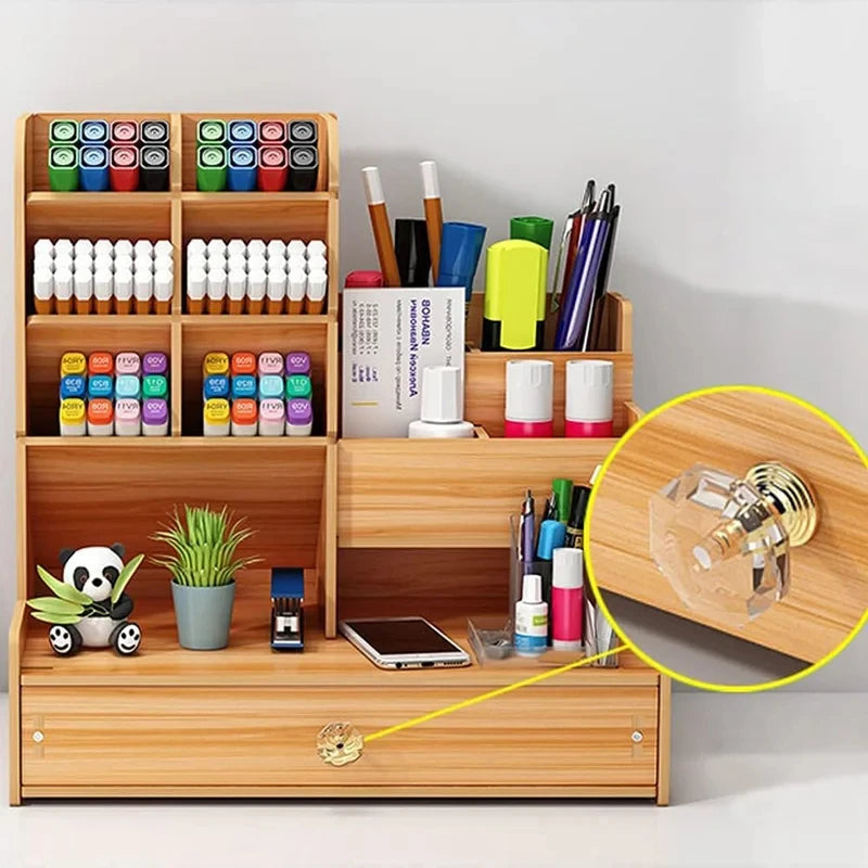Wooden Pen Holder Desk Organizer With Storage Drawer