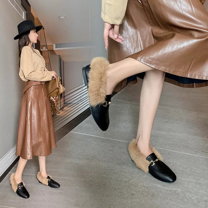 Retro Loafers 2024 Fashion Women's Shoes Autumn and Winter Women Velvet Warm Flat-bottomed Rabbit Fur Leather Shoes - Buy online at  Vibe In Cart.
