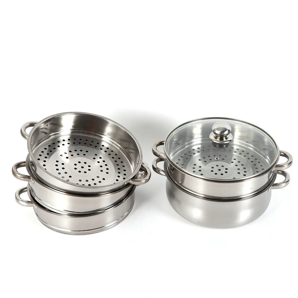 5 Tier Stainless Steel Steamer Pot Set 28cm Large Capacity Stackable Cookware With Glass Lid For Home Kitchen - Buy online at  Vibe In Cart.
