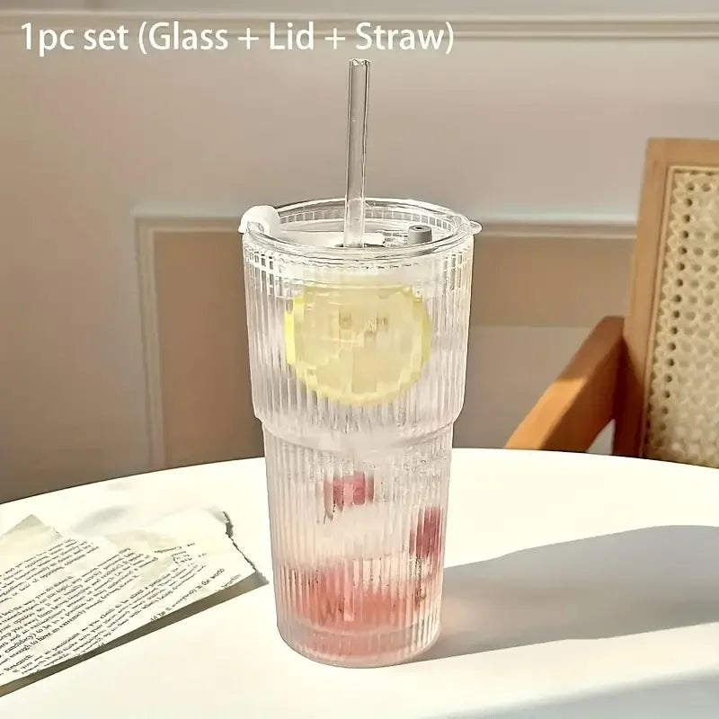 1/2pcs 600ml Stripe Glass Cup with Lid and Straw Transparent Drinking Glasses for Juice Water and Iced Coffee Cups Drinkware - Buy online at  Vibe In Cart.