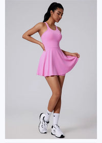 Women Beautiful Back Tennis Dress With Chest Cushion&Shorts Dreathable Outdoor Yoga Golf Skirt Workout Running Badminton Dress