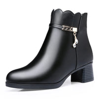 Women's Autumn Winter Soft Leather Warm Plush Ankle Boots Anti-Slip Thick Heel