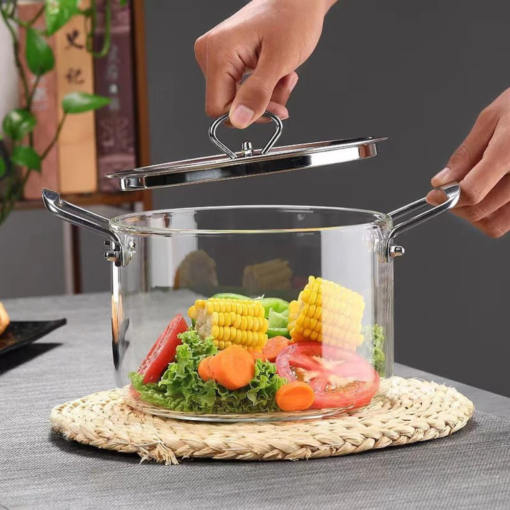 3.5L Glass Pot with Lid Heat Resistant Stainless Steel Double Handles Pot for Cooking Soup Milk Pasta Stovetop Glass Cookware - Buy online at  Vibe In Cart.