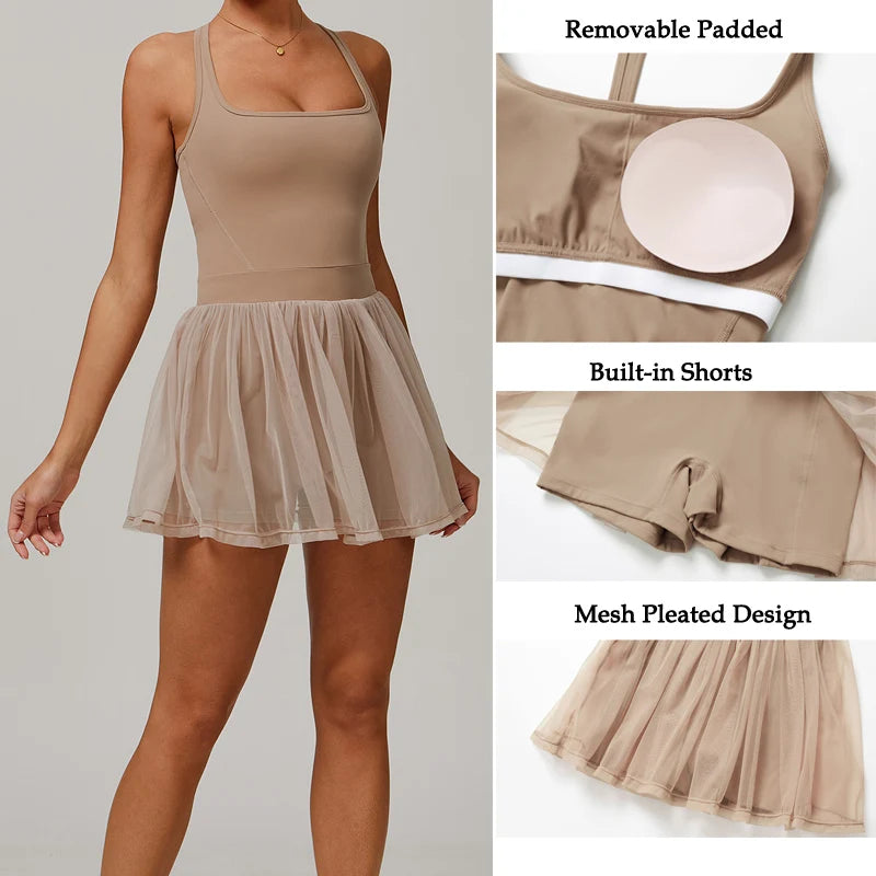 VITALINOVO Womens Tennis Dress with Built in Shorts Golf Dress Square Neck Athletic Outfits Active Dresses Raceback Padded Dress