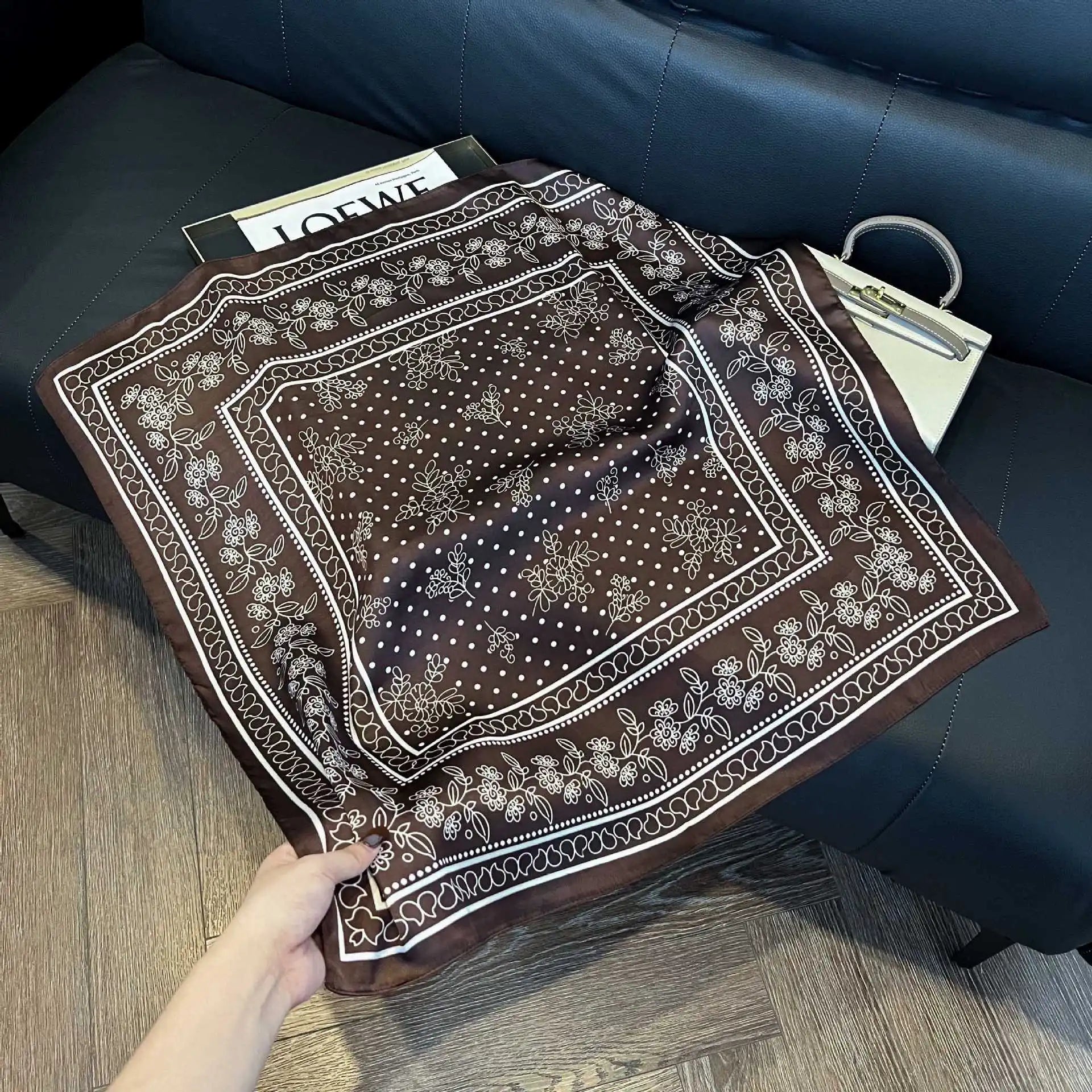 Printed Paisley Houndstooth Square Scarf for Women, Coffee Color, Polyester