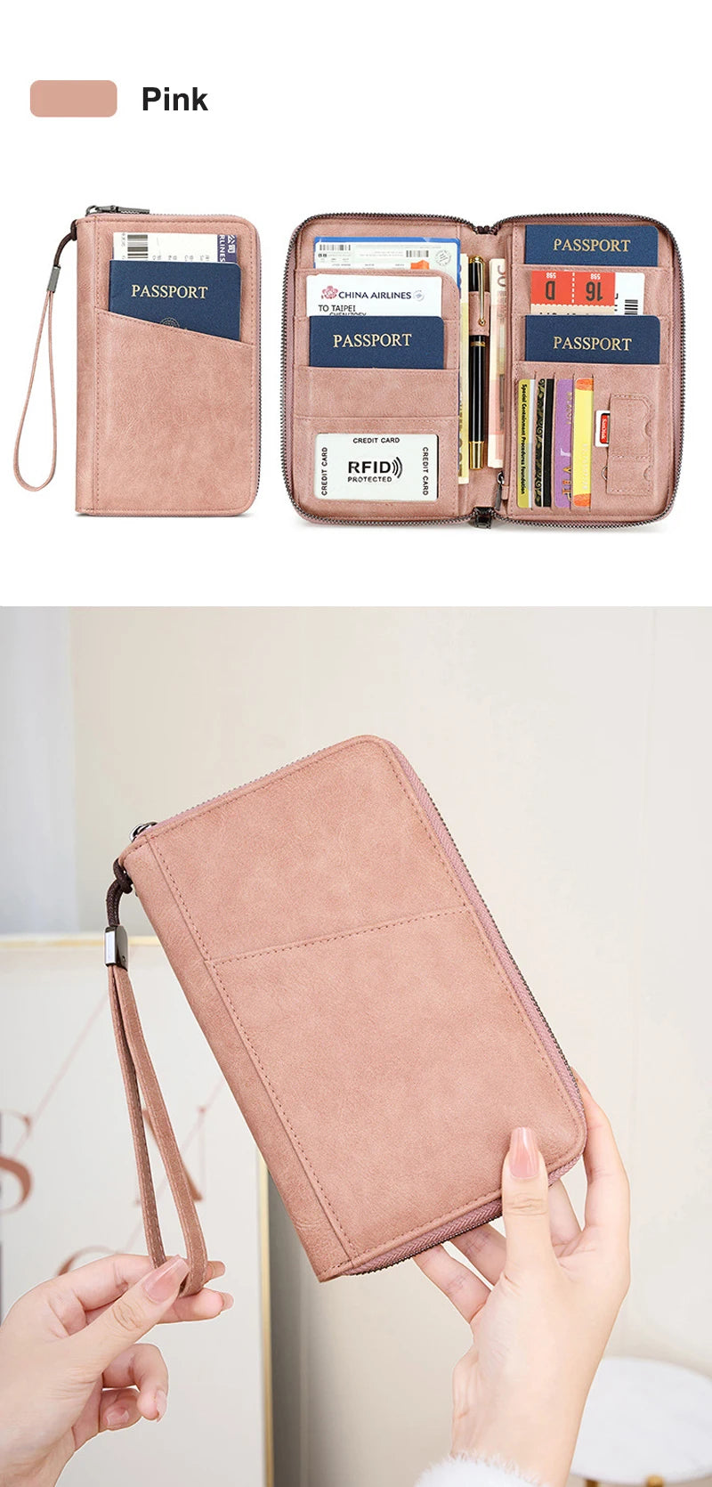 Multifunctional Travel Passport Wallet with RFID Protection in Microfiber Leather