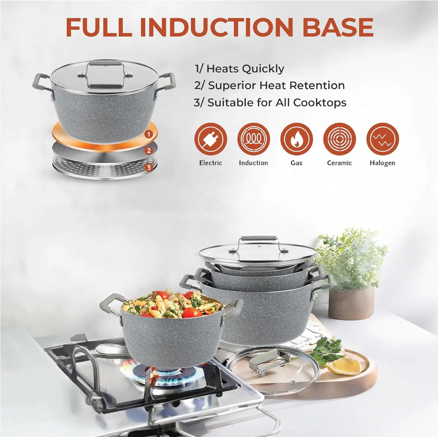 Nonstick Stackable Cooking Pots Set, 6-Piece Gray Granite Stone Kitchen Cookware with Lids, Dishwasher Safe & Toxin Free - Buy online at  Vibe In Cart.