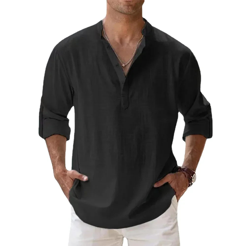 Cotton Linen Hot Sale Men's Short-Sleeved Shirts Summer Solid Color Henley Collar Casual Beach Style Hawaiian Vacation - Buy online at  Vibe In Cart.