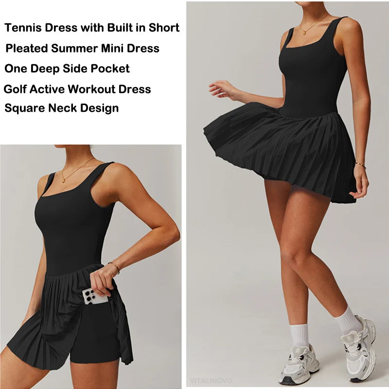 VITALINOVO Workout Tennis Dress with Built in Shorts Square Neck Padded Workout Dress with Pockets Golf Athletic Mini Dresses - Buy online at  Vibe In Cart.
