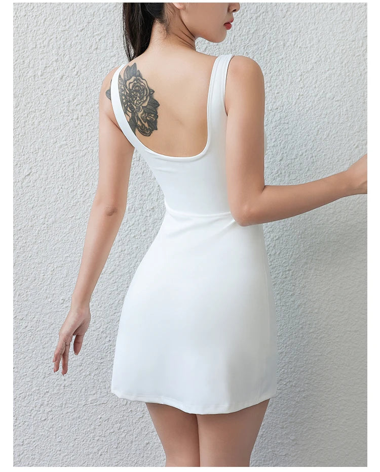 Women Workout Running Tennis Wear With Built in Bra and Shorts Pocket Slim Fit Outdoor Casual Sports Golf Athletic Dress