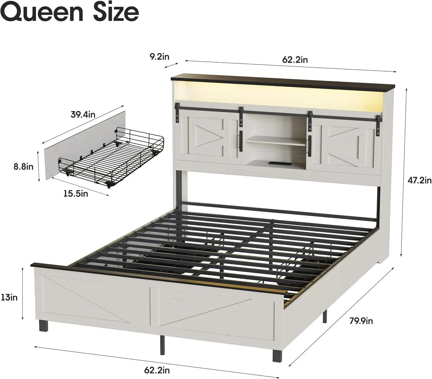 Vabches Bed Frame Queen with 4 Drawer&Storage Headboard Platform Bed Frame with LED Light& Power Strip&Sliding Barn Door Bedroom - Buy online at  Vibe In Cart.