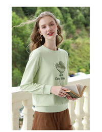 Women's Green Waffle Knitted Loose O-Neck Pullover Hoodie with Embroidery