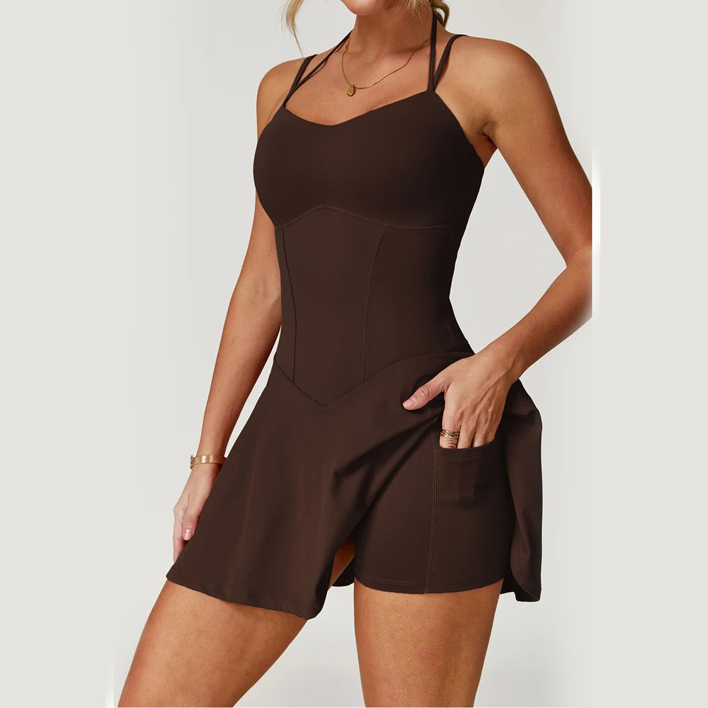 Womens Spaghetti Strap Tennis Dress with Built-in Shorts and Bra Golf Athletic Dress with Pockets