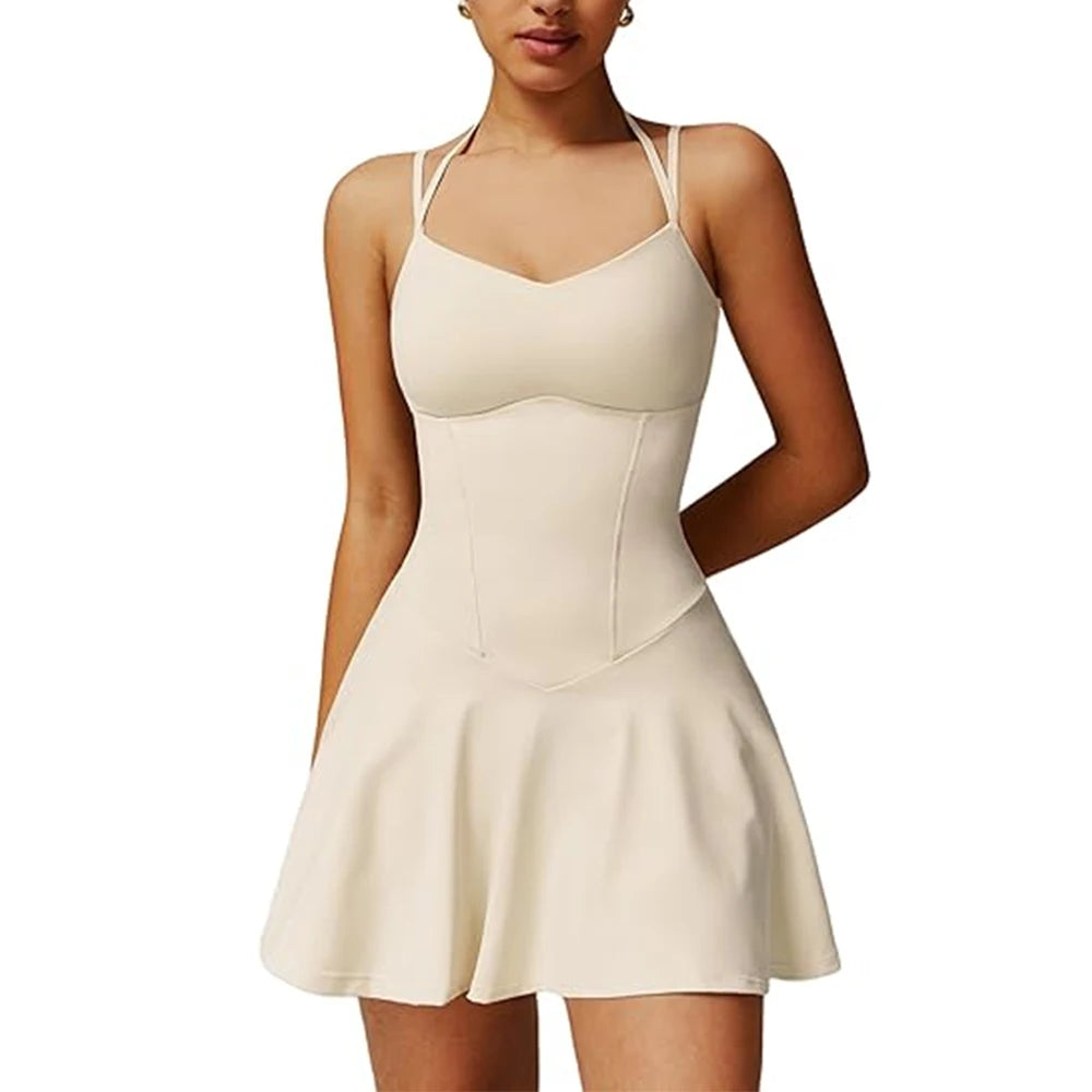 Womens Spaghetti Strap Tennis Dress with Built-in Shorts and Bra Golf Athletic Dress with Pockets