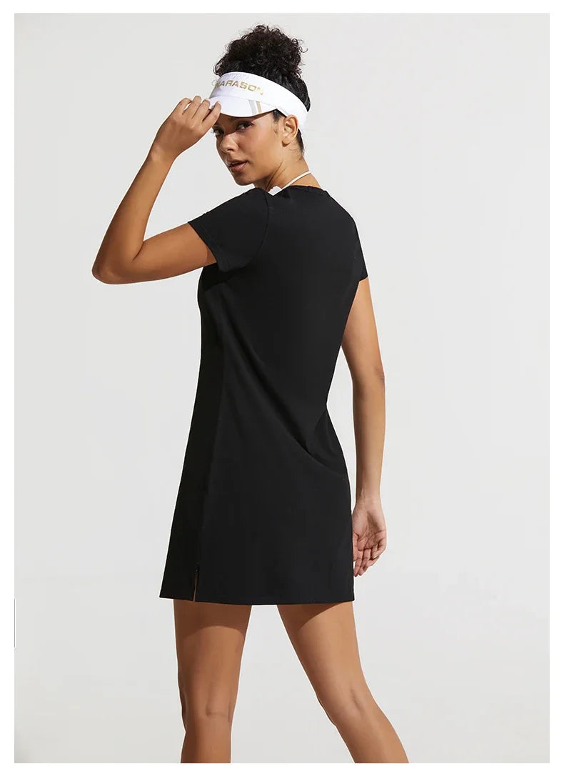 Summer Women Tennis Dress Cotton Female Short Sleeve Black Sport Dress Training Running Fitness Skirt Golf Badminton Dress Suit