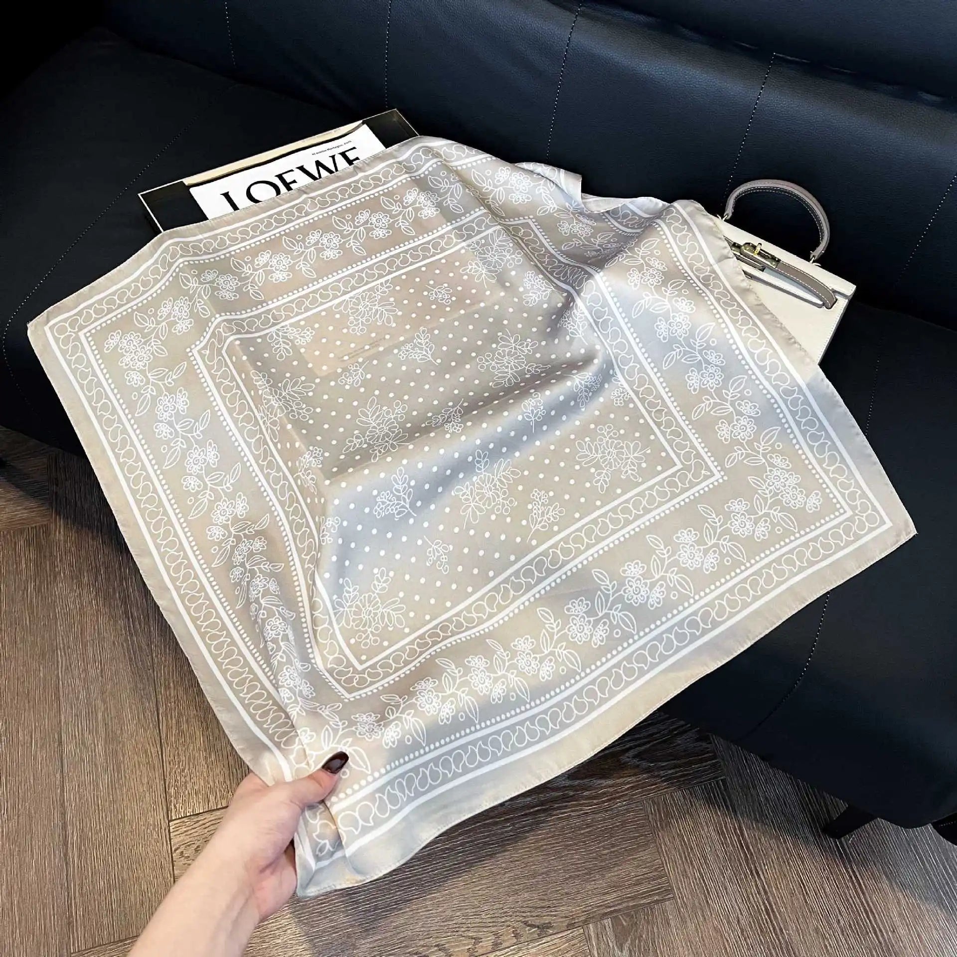 Printed Paisley Houndstooth Square Scarf for Women, Coffee Color, Polyester