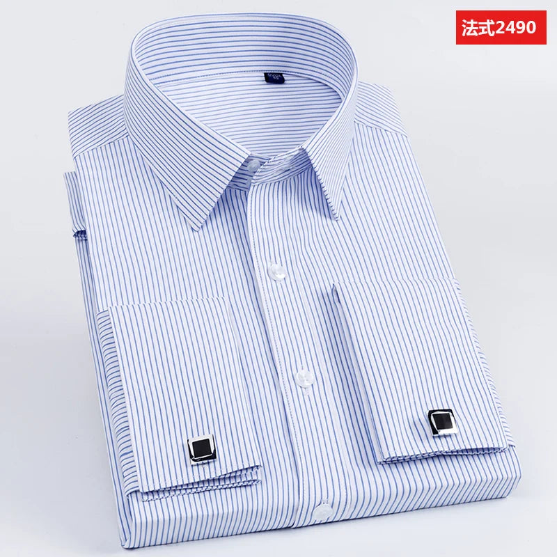 Men's Slim Fit Long Sleeved Solid Color Cotton Polyester Shirt with French Cufflinks