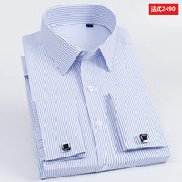 Men's Slim Fit Long Sleeved Solid Color Cotton Polyester Shirt with French Cufflinks