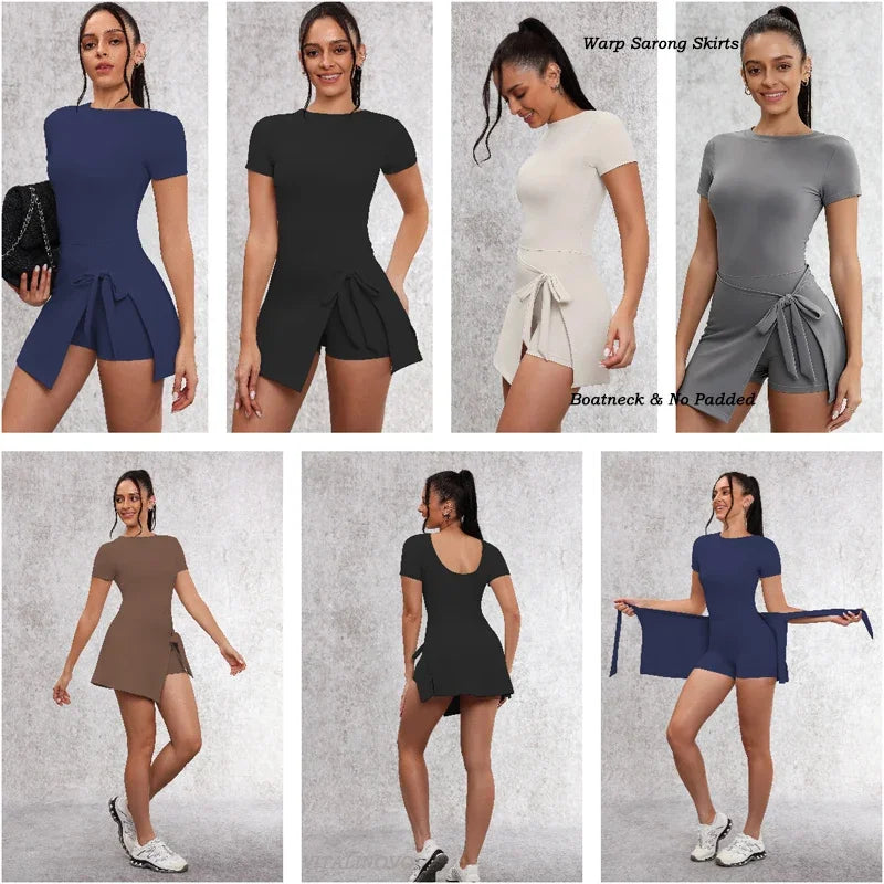 VITALINOVO Tennis Dress for Women Short Sleeve Crewneck Wrap Sarong Skirt Built in Shorts U Back Workout Golf Athletic Dresses