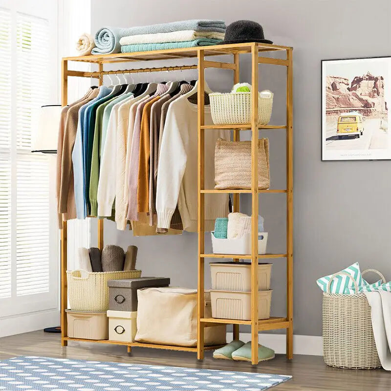 Bamboo Wood Clothing Garment Rack with Shelves Clothes Hanging Rack Stand for Child Kids Adults Cloth Shoe Coat Storage Organize - Buy online at  Vibe In Cart.